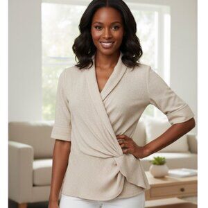 Zara Blouse Beige Linen Blend Wrap Ruffled Accent Top Womens Size S